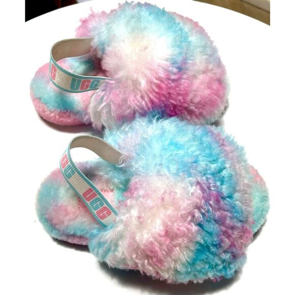 Uggs Slipper Cotton Candy Kids Fluff Yeah Pride Kids 13 Fur Pastel Pink Blue Wht - Picture 1 of 10